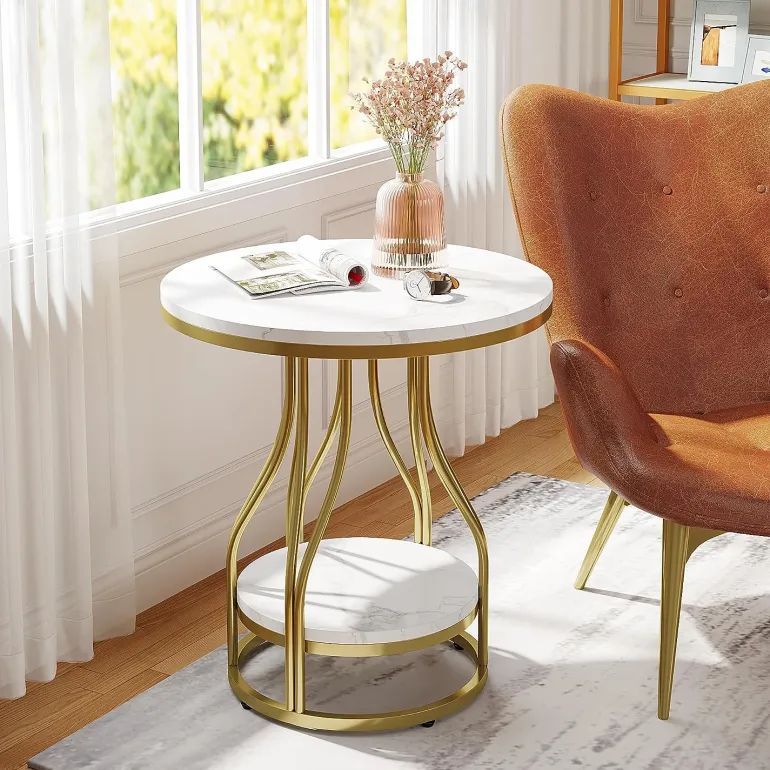 Discount Tribesigns End Table, Round 2-Tier Sofa Side Table with Metal Frame