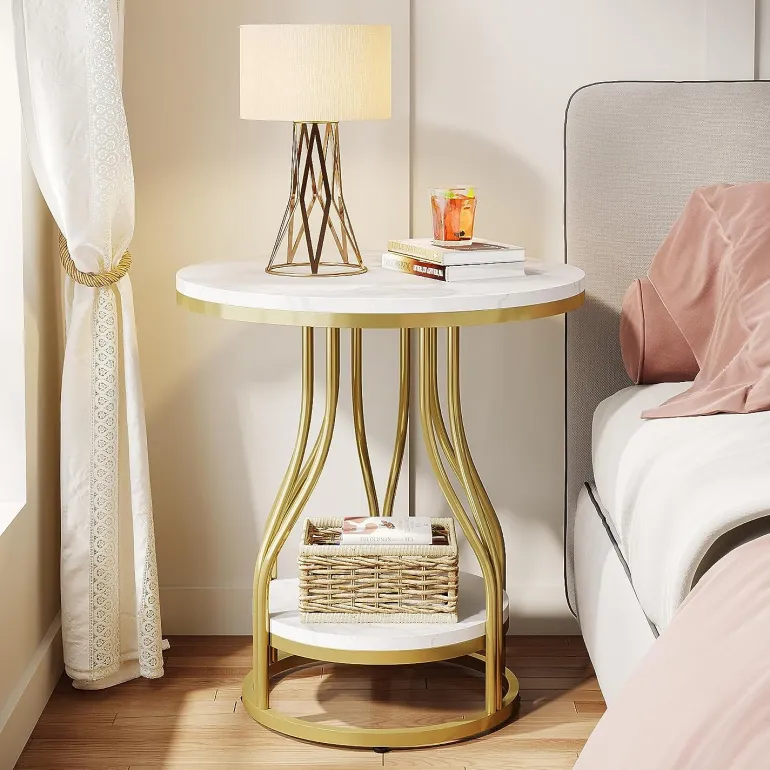 Discount Tribesigns End Table, Round 2-Tier Sofa Side Table with Metal Frame