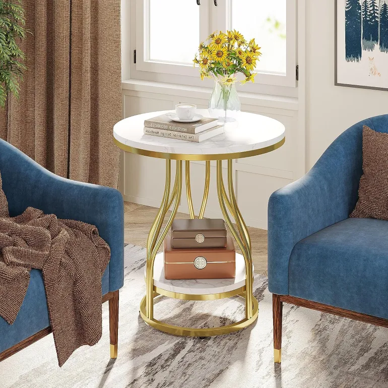 Discount Tribesigns End Table, Round 2-Tier Sofa Side Table with Metal Frame