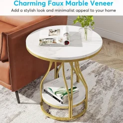 Discount Tribesigns End Table, Round 2-Tier Sofa Side Table with Metal Frame