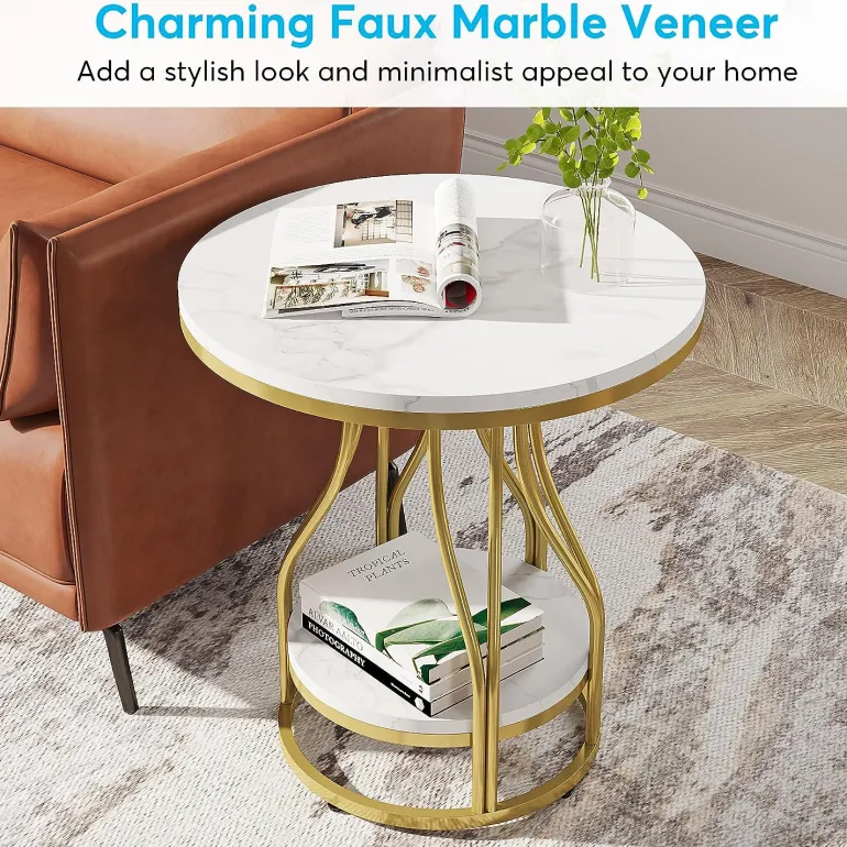 Discount Tribesigns End Table, Round 2-Tier Sofa Side Table with Metal Frame