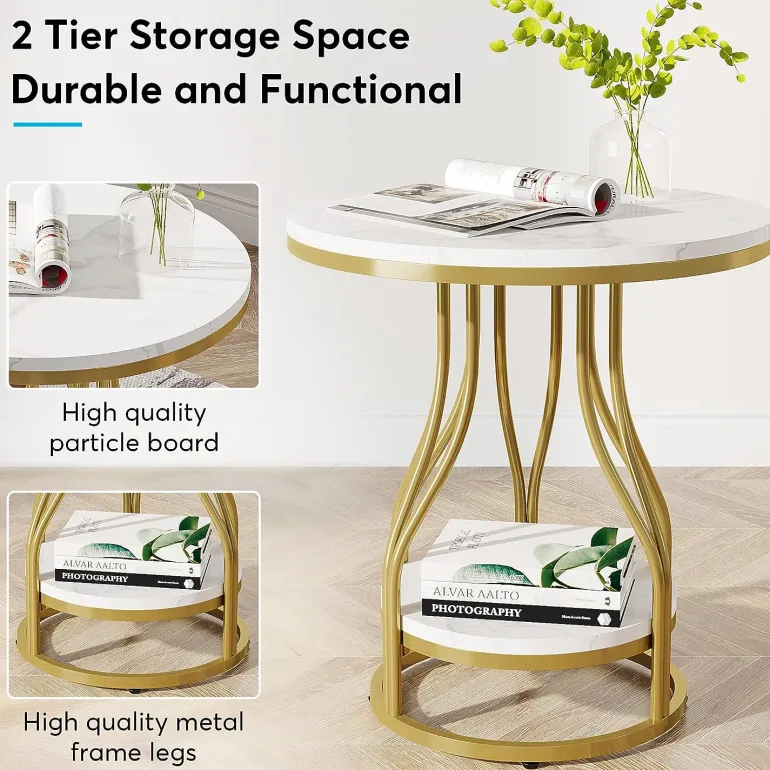 Discount Tribesigns End Table, Round 2-Tier Sofa Side Table with Metal Frame