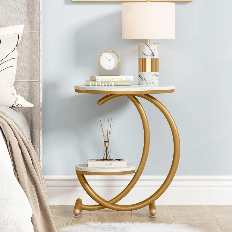 Store Tribesigns End Table, 2-Tier Faux Marble Side Table with C-Shaped Frame