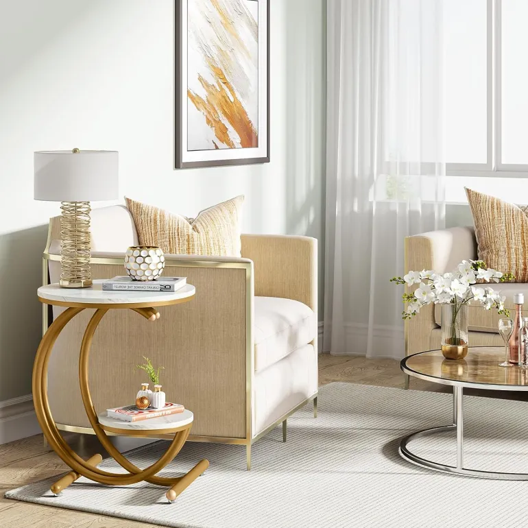 Store Tribesigns End Table, 2-Tier Faux Marble Side Table with C-Shaped Frame