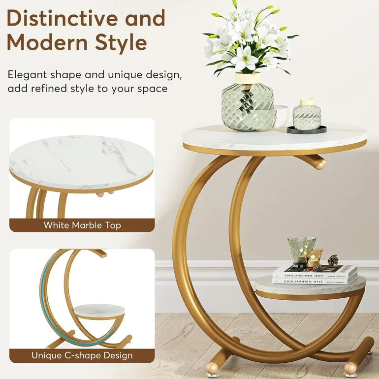 Store Tribesigns End Table, 2-Tier Faux Marble Side Table with C-Shaped Frame