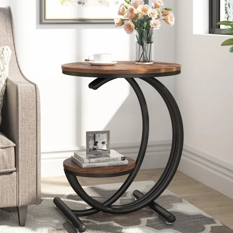 Store Tribesigns End Table, 2-Tier Faux Marble Side Table with C-Shaped Frame