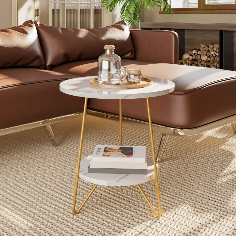 New Tribesigns Faux Marble End Table, 2 - Tier Round Sofa Bedside Table with Shelves