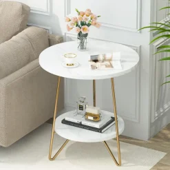 New Tribesigns Faux Marble End Table, 2 - Tier Round Sofa Bedside Table with Shelves