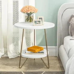 New Tribesigns Faux Marble End Table, 2 - Tier Round Sofa Bedside Table with Shelves