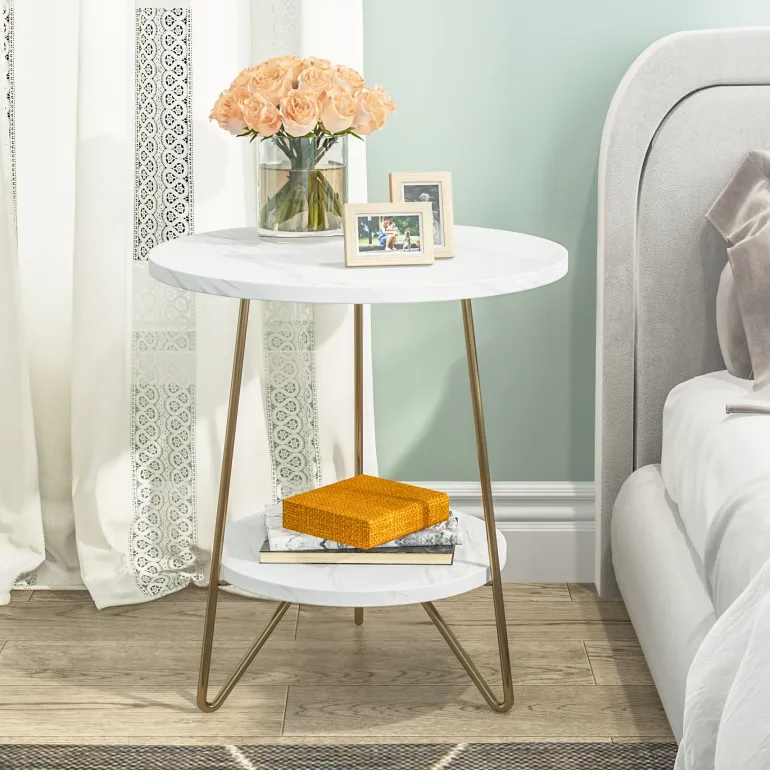 New Tribesigns Faux Marble End Table, 2 - Tier Round Sofa Bedside Table with Shelves