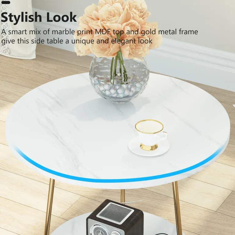 New Tribesigns Faux Marble End Table, 2 - Tier Round Sofa Bedside Table with Shelves