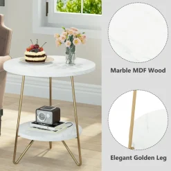 New Tribesigns Faux Marble End Table, 2 - Tier Round Sofa Bedside Table with Shelves