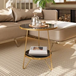 New Tribesigns Faux Marble End Table, 2 - Tier Round Sofa Bedside Table with Shelves