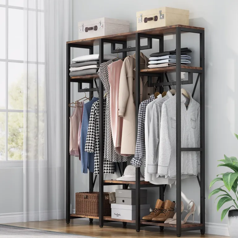 Cheap Tribesigns Freestanding Closet Organizer, Industrial 3 Rod Garment Rack