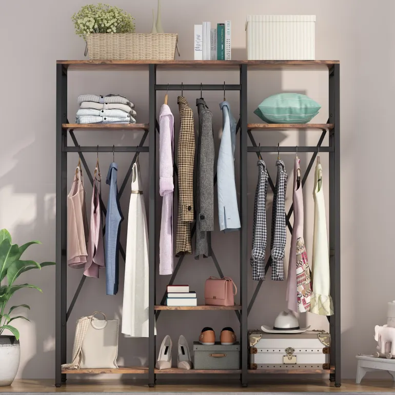 Cheap Tribesigns Freestanding Closet Organizer, Industrial 3 Rod Garment Rack