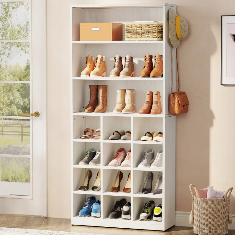 New Tribesigns Freestanding Shoe Cabinet, 24 Pair Shoe Rack with Side Hooks