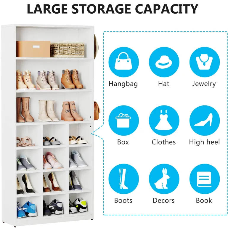 New Tribesigns Freestanding Shoe Cabinet, 24 Pair Shoe Rack with Side Hooks