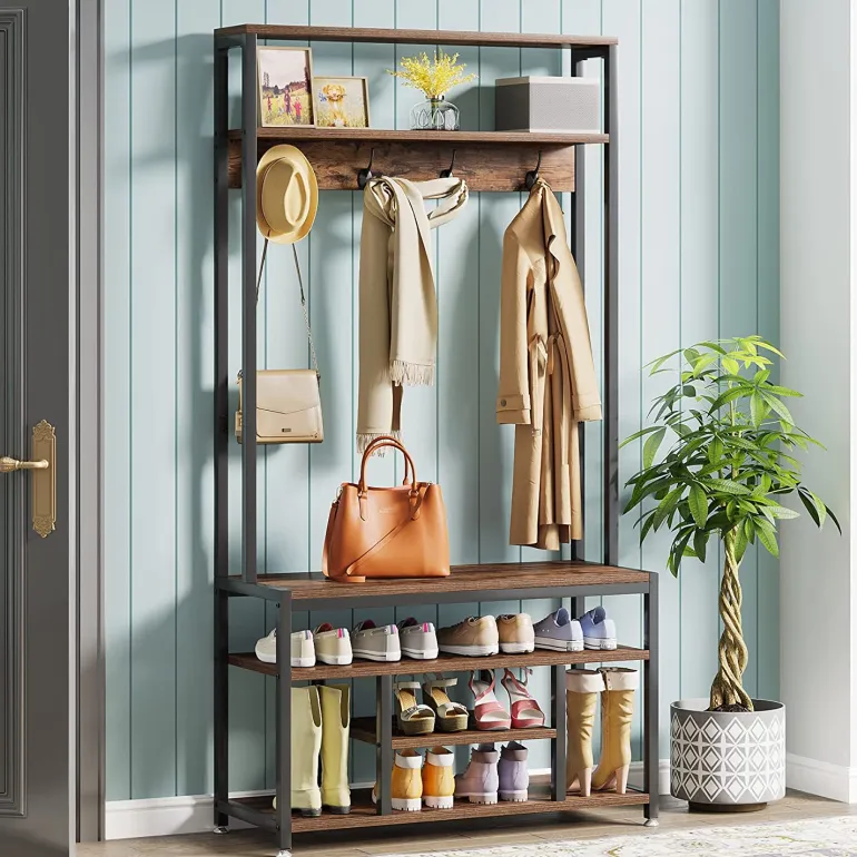 Clearance Tribesigns Front view of 's Coat Rack Shoe Bench, Entryway Hall Tree with Hooks & Shelves.