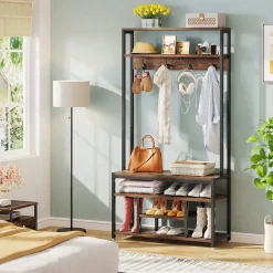 Clearance Tribesigns Front view of 's Coat Rack Shoe Bench, Entryway Hall Tree with Hooks & Shelves.