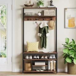 Clearance Tribesigns Front view of 's Coat Rack Shoe Bench, Entryway Hall Tree with Hooks & Shelves.