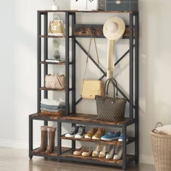 Outlet Tribesigns Front view of ‘s Freestanding Coat Rack Shoe Bench, 4-in-1 Entryway Hall Tree with Shelves.