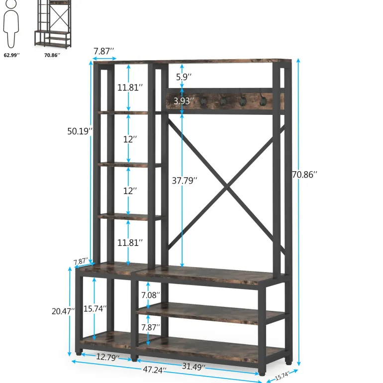 Outlet Tribesigns Front view of ‘s Freestanding Coat Rack Shoe Bench, 4-in-1 Entryway Hall Tree with Shelves.