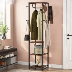 Cheap Tribesigns Full-frontal shot of 's Coat Rack, Freestanding Corner Hall Tree with 4 Shelves 8 Hooks.