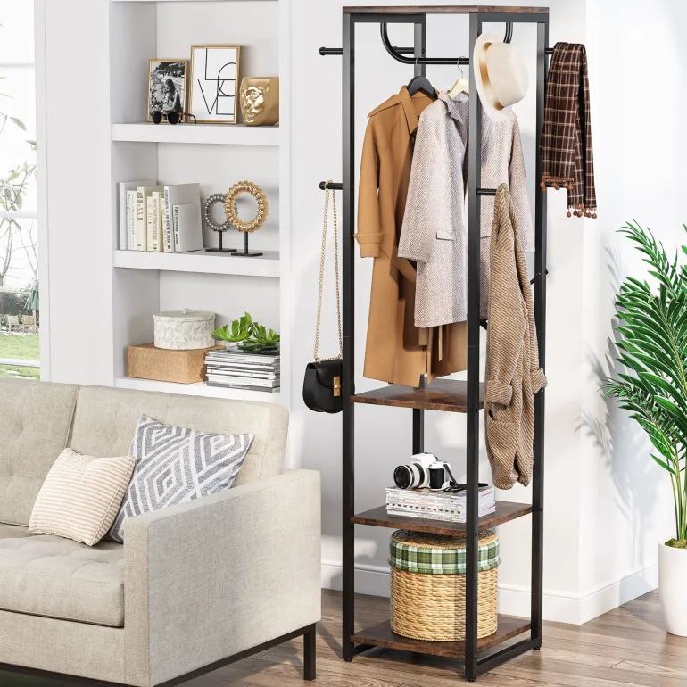 Cheap Tribesigns Full-frontal shot of 's Coat Rack, Freestanding Corner Hall Tree with 4 Shelves 8 Hooks.