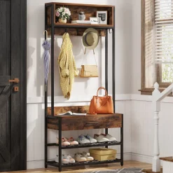 Online Tribesigns Full-frontal shot of 's Industrial Coat Rack Shoe Bench, Entryway Hall Tree with Drawer & Hooks.