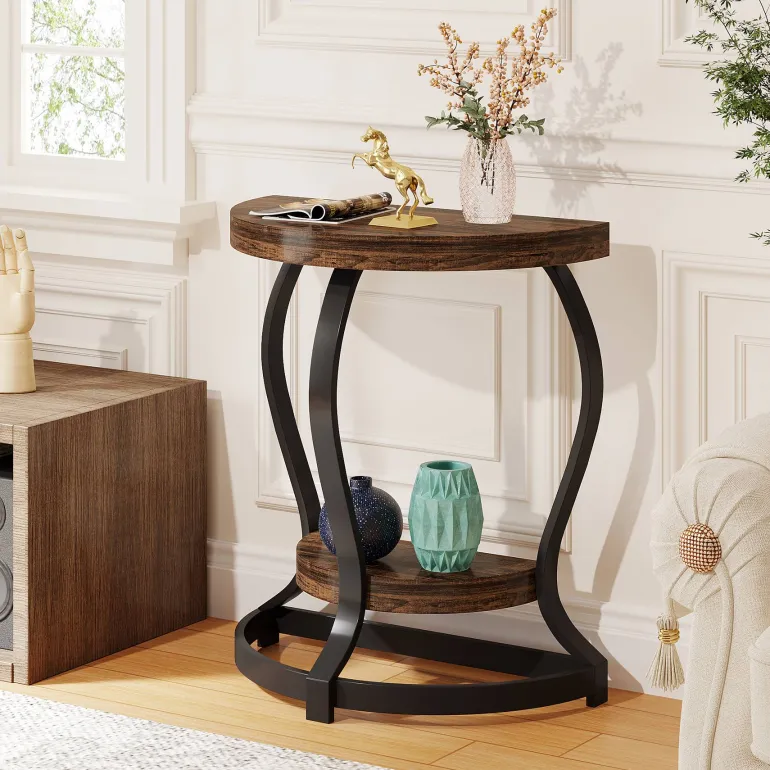 Cheap Tribesigns Half - Round End Table, Side Table with 2 - Tier Shelves