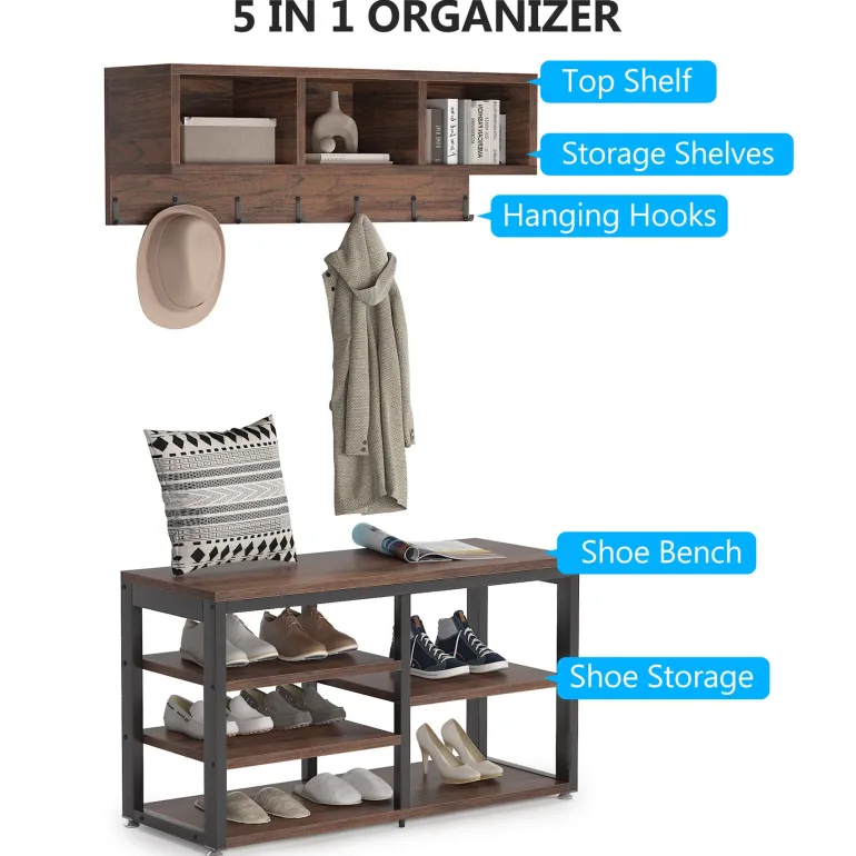 Cheap Tribesigns Hallway view of 's 5 IN 1 Coat Rack Shoe Bench Set, Hall Tree with Wall Mounted Shelf.