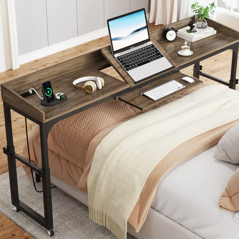 Best Sale Tribesigns Height Adjustable Overbed Table with Wheels & Charging Station