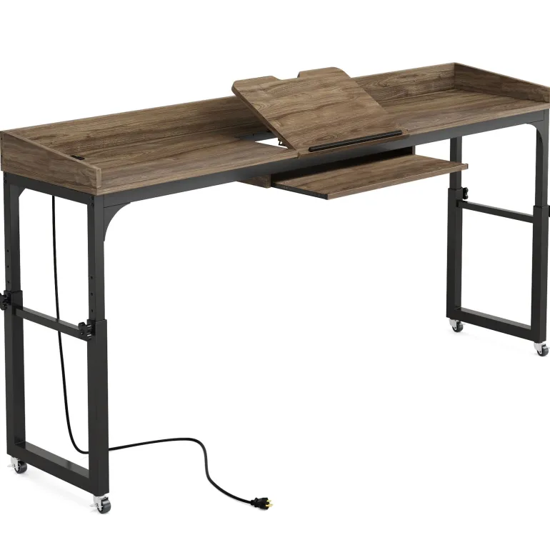 Best Sale Tribesigns Height Adjustable Overbed Table with Wheels & Charging Station