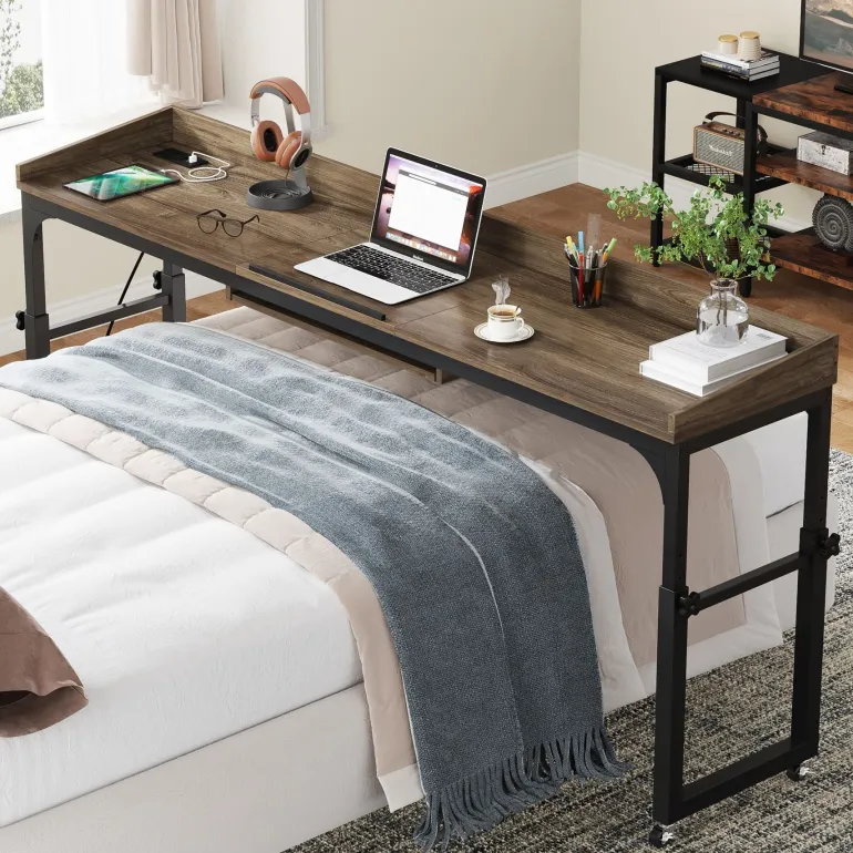 Best Sale Tribesigns Height Adjustable Overbed Table with Wheels & Charging Station