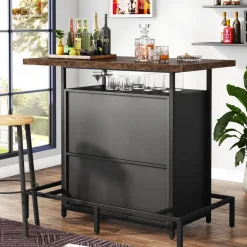 Cheap Tribesigns Home Bar Unit, Industrial 3-Tier Liquor Bar Table with Glasses Holder
