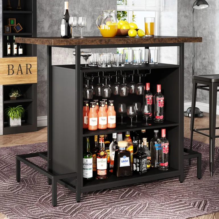 Cheap Tribesigns Home Bar Unit, Industrial 3-Tier Liquor Bar Table with Glasses Holder