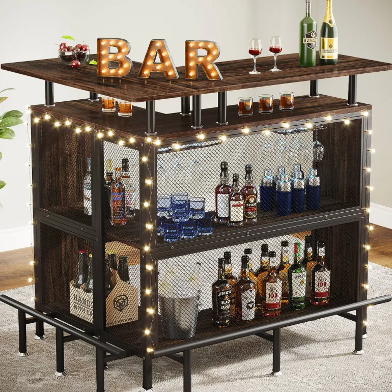 Cheap Tribesigns Home Bar Unit, L-Shaped Liquor Bar Table with Glasses Holders & Shelves