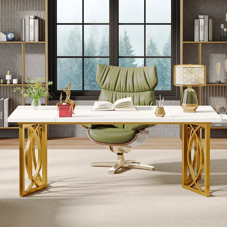 Fashion Tribesigns 70.9-inch Executive Table, Wood Computer Desk with Metal Frame For Home Office