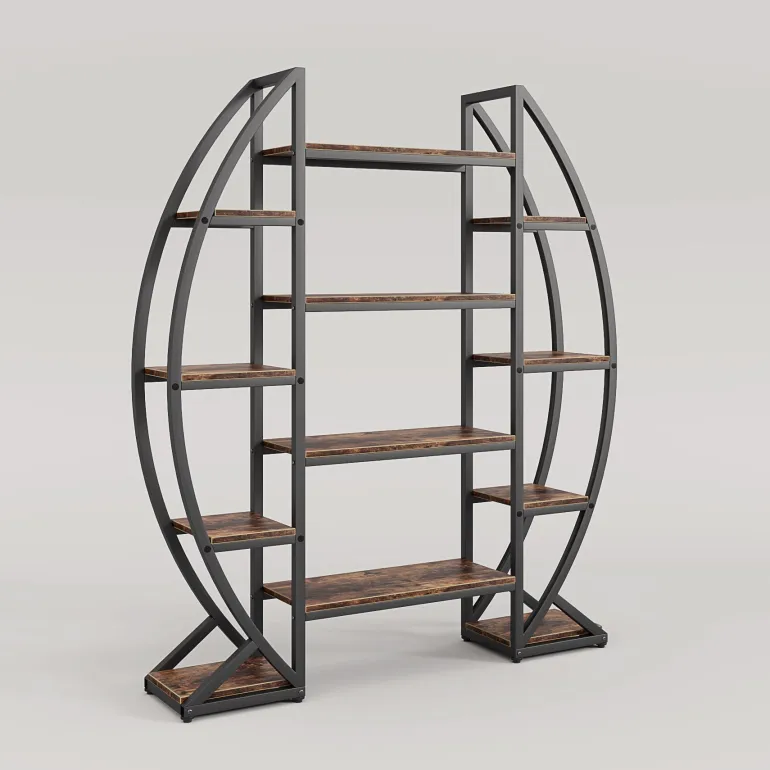 Store Tribesigns Industrial Bookshelf, Oval Triple Wide Etagere Bookcases Display Shelves