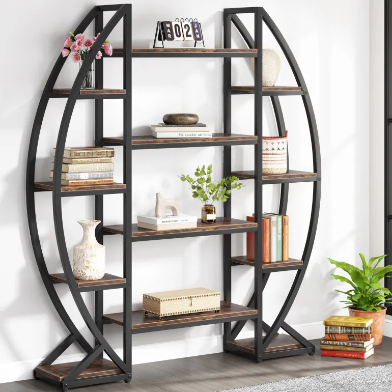 Store Tribesigns Industrial Bookshelf, Oval Triple Wide Etagere Bookcases Display Shelves