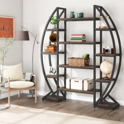 Store Tribesigns Industrial Bookshelf, Oval Triple Wide Etagere Bookcases Display Shelves