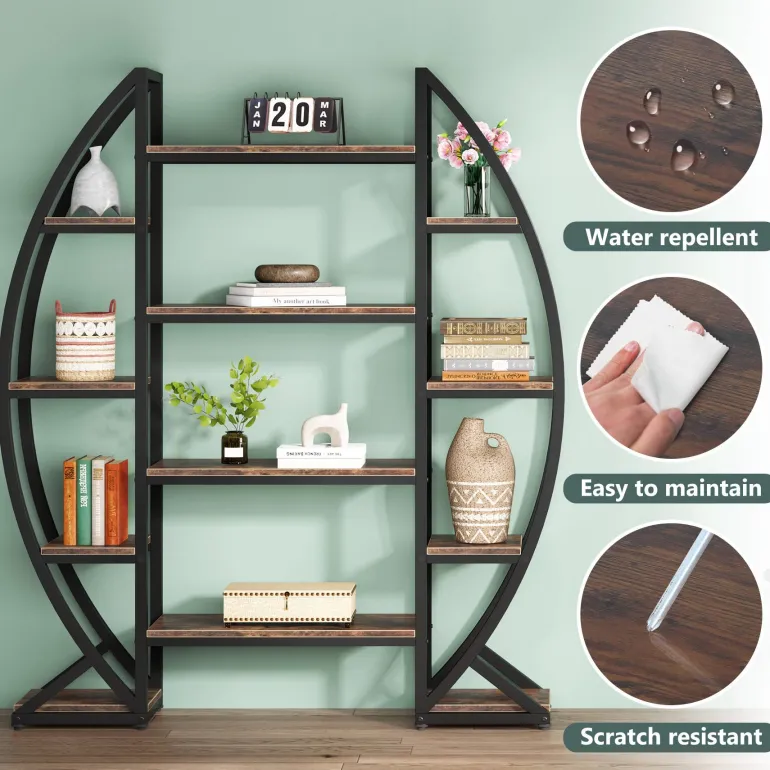 Store Tribesigns Industrial Bookshelf, Oval Triple Wide Etagere Bookcases Display Shelves