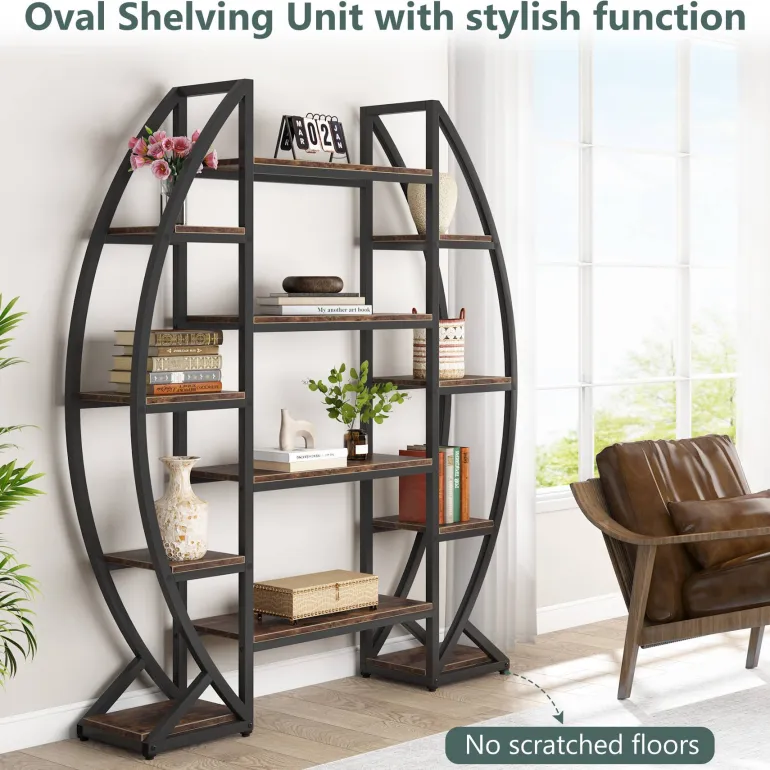 Store Tribesigns Industrial Bookshelf, Oval Triple Wide Etagere Bookcases Display Shelves