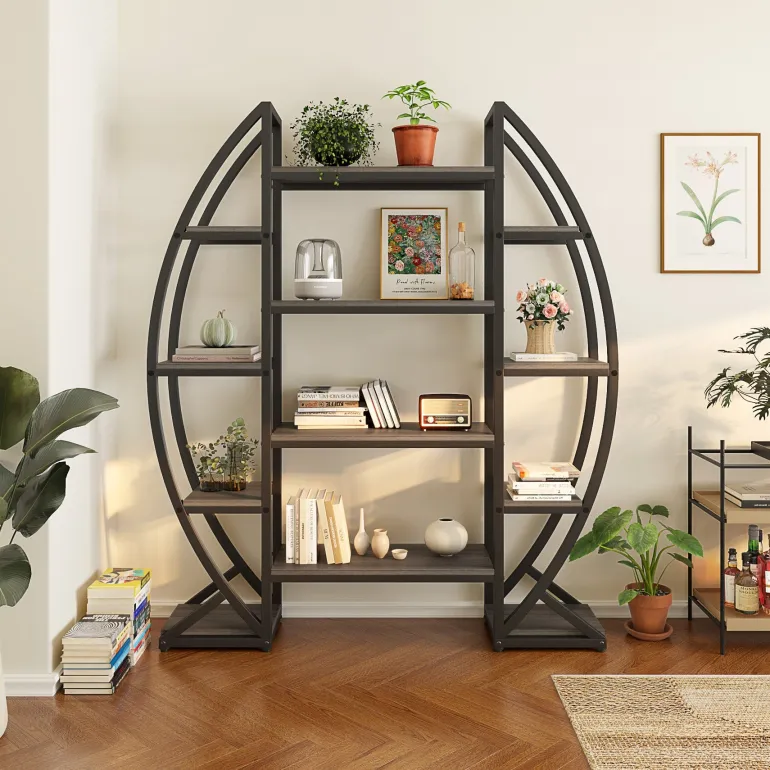 Store Tribesigns Industrial Bookshelf, Oval Triple Wide Etagere Bookcases Display Shelves