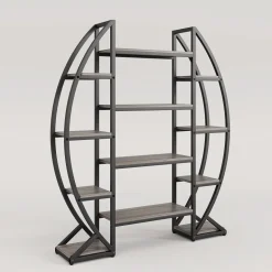 Store Tribesigns Industrial Bookshelf, Oval Triple Wide Etagere Bookcases Display Shelves