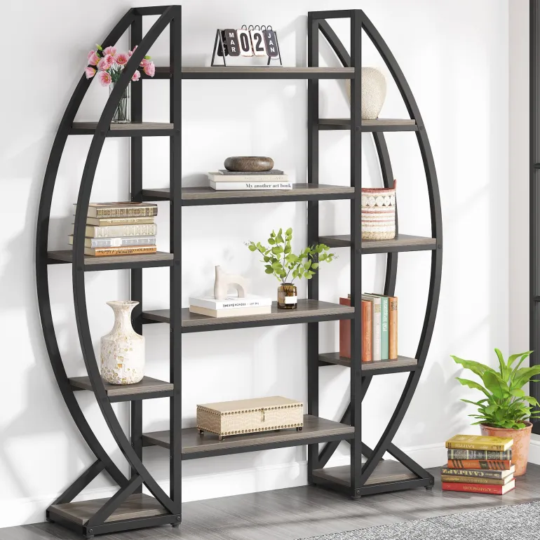 Store Tribesigns Industrial Bookshelf, Oval Triple Wide Etagere Bookcases Display Shelves