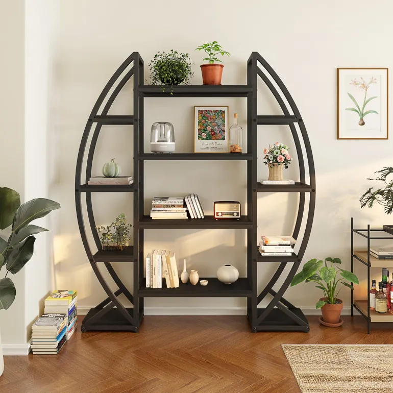 Store Tribesigns Industrial Bookshelf, Oval Triple Wide Etagere Bookcases Display Shelves
