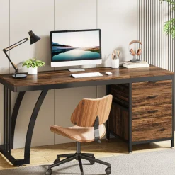 Sale Tribesigns Industrial Computer Desk, 59" Study Desk with Reversible Drawer Cabinet