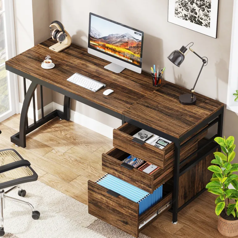 Sale Tribesigns Industrial Computer Desk, 59" Study Desk with Reversible Drawer Cabinet