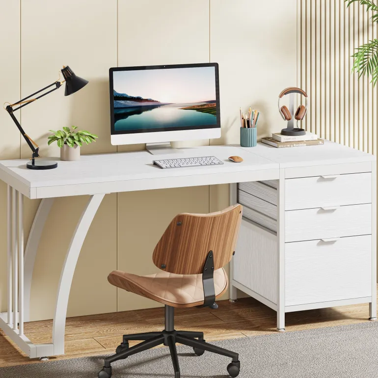 Sale Tribesigns Industrial Computer Desk, 59" Study Desk with Reversible Drawer Cabinet
